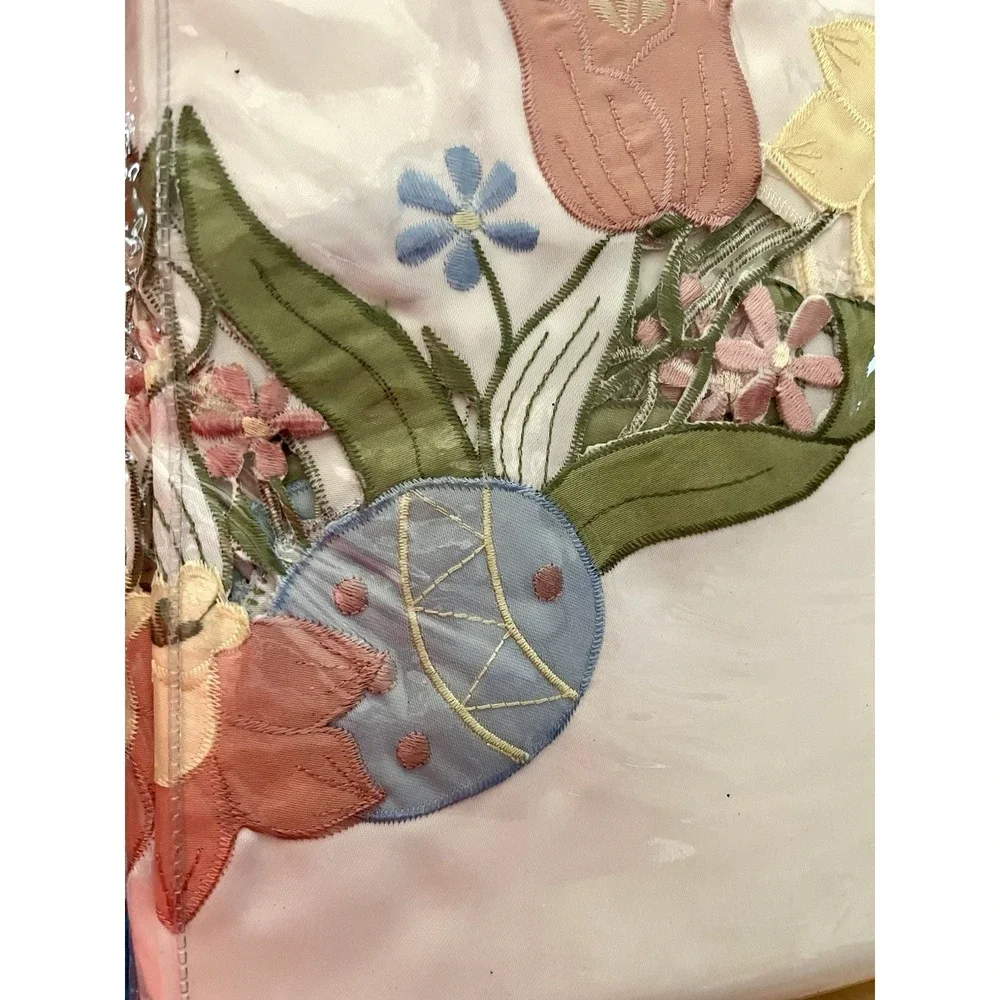 Blossoms & Blooms Easter Cutwork Tablecloth Oblong 60x102 Floral Egg Embroidery